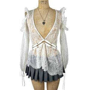 For Love & Lemons White Lace Cold Shoulder Ruffle Blouse Gold Pins Size S